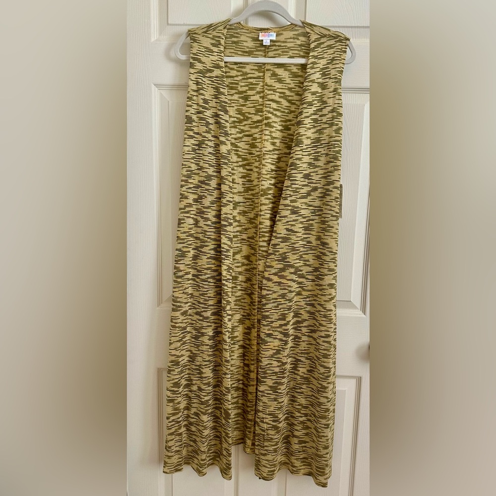 Lularoe JOY long vest NWT L large khaki tan print